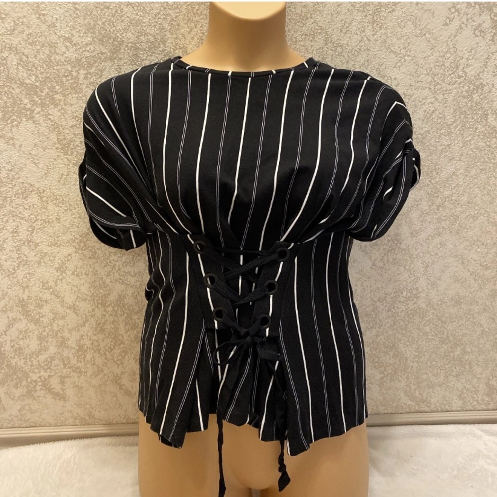 Express Black and White Stripe Corset Lace-Up Blouse